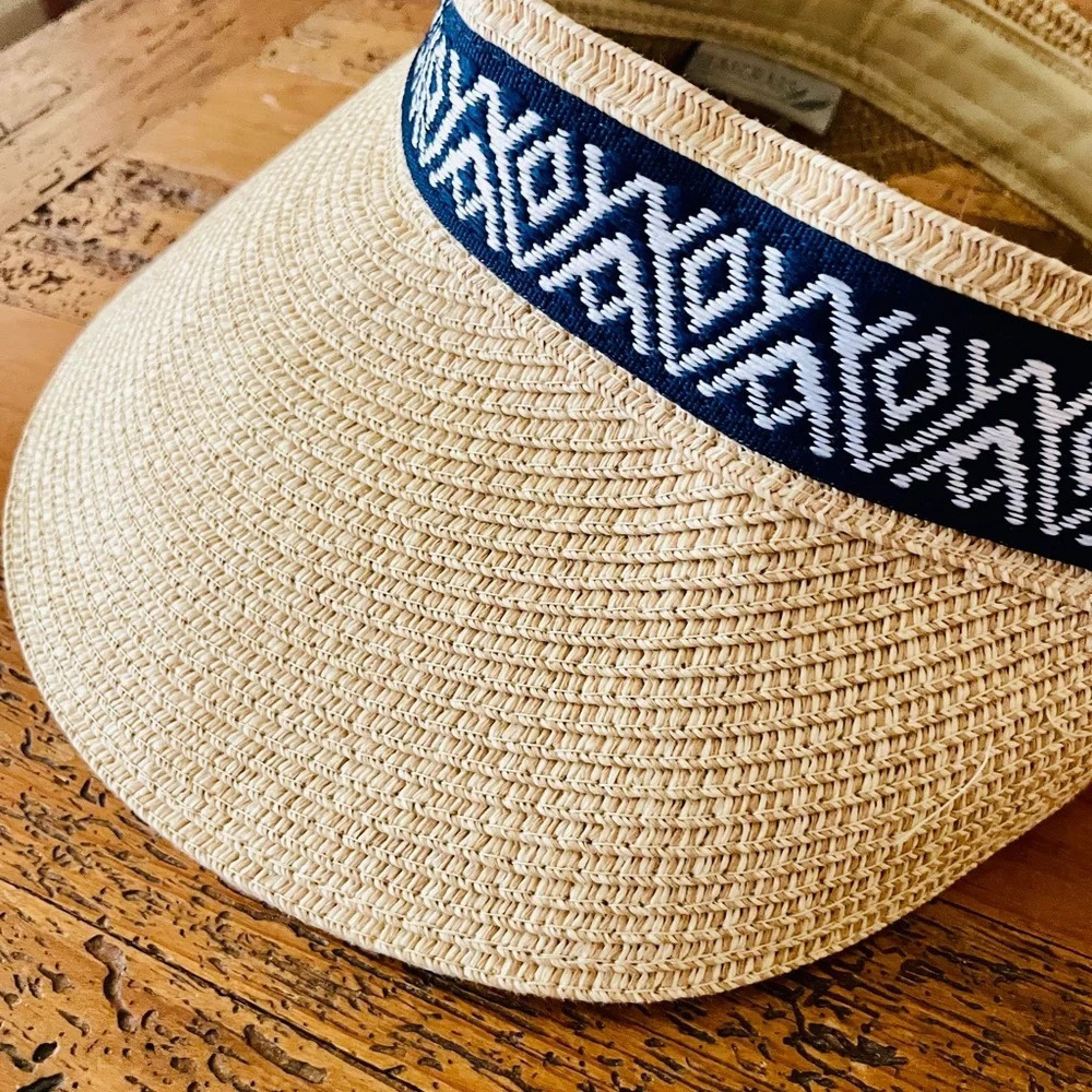 NWT Sea & Grass straw visor with ribbon tie one size packable natural blue white - Picture 5 of 11